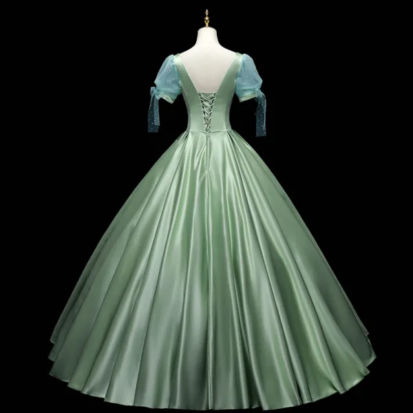 Chic / Beautiful Sage Green Satin Prom Dresses 2021 Ball Gown Square Neckline Short Sleeve Backless Floor-Length / Long Formal Dresses
