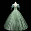 Chic / Beautiful Sage Green Satin Prom Dresses 2021 Ball Gown Square Neckline Short Sleeve Backless Floor-Length / Long Formal Dresses