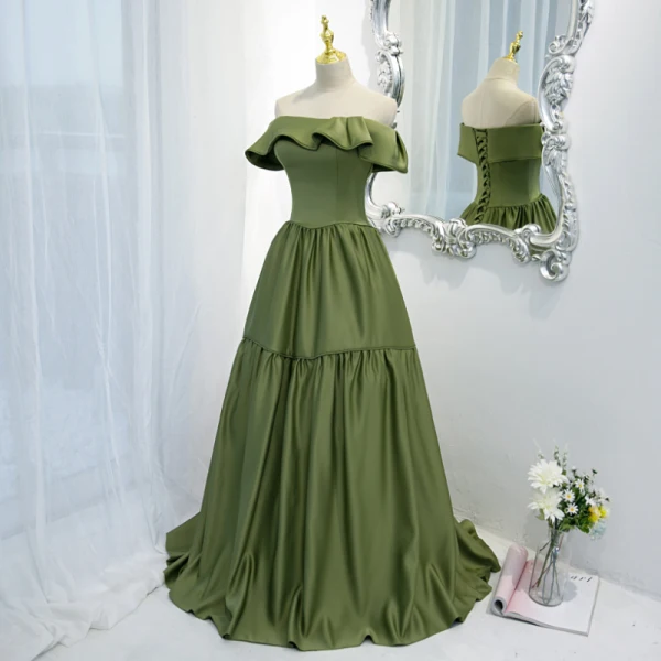 Vintage / Retro Olive Green Prom Dresses 2021 A-Line / Princess Off-The-Shoulder Sleeveless Backless Floor-Length / Long Formal Dresses