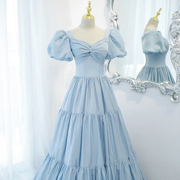 Chic / Beautiful Sky Blue Prom Dresses 2021 A-Line / Princess Square Neckline Short Sleeve Backless Floor-Length / Long Formal Dresses