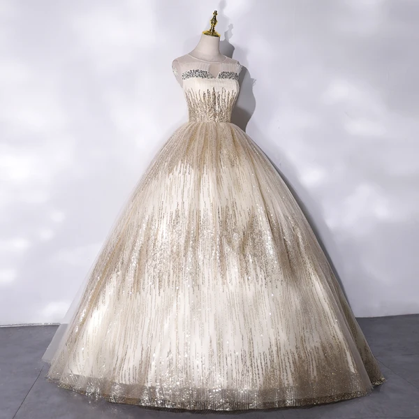 Sparkly Champagne Beading Sequins Prom Dresses Prom Dresses 2021 Ball Gown Scoop Neck Sleeveless Backless Floor-Length / Long Formal Dresses