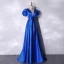 Vintage / Retro Royal Blue Satin Prom Dresses 2021 A-Line / Princess V-Neck Puffy Short Sleeve Backless Floor-Length / Long Formal Dresses