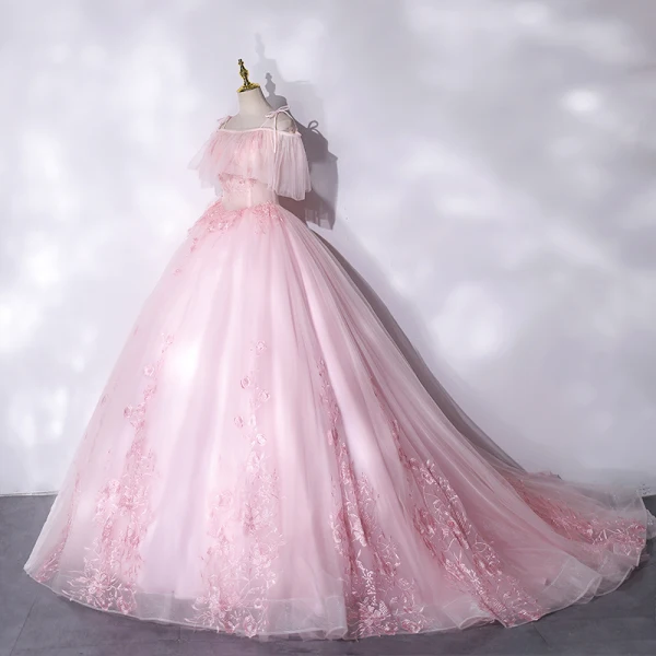 Flotte Lyserød Gallakjoler 2021 Prinsesse Spaghetti Straps Beading Med Blonder Blomsten Kort Ærme Halterneck Lange Kjoler