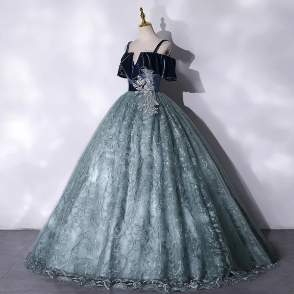 Elegant Navy Blue Prom Dresses 2021 Ball Gown Suede Spaghetti Straps Beading Lace Flower Short Sleeve Backless Floor-Length / Long Formal Dresses