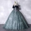 Elegant Navy Blue Prom Dresses 2021 Ball Gown Suede Spaghetti Straps Beading Lace Flower Short Sleeve Backless Floor-Length / Long Formal Dresses