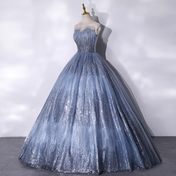 Charmant Scintillantes Océan Bleu Perlage Paillettes Robe De Bal 2021 Robe Boule Encolure Dégagée Sans Manches Dos Nu Longue Robe De Ceremonie