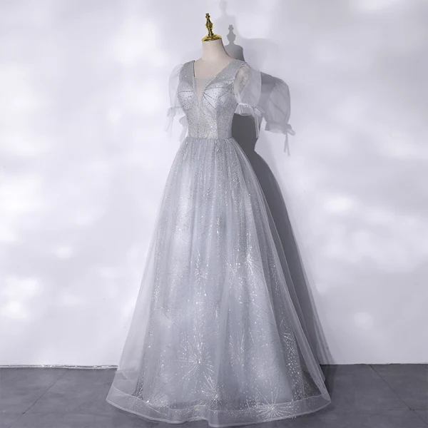 Chic / Belle Argenté Glitter Paillettes Robe De Bal 2021 Princesse V-Cou Manches Courtes Dos Nu Longue Robe De Ceremonie