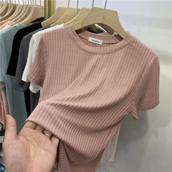 Summer Casual Grey Stripe Loose T-Shirts 2021 Scoop Neck Short Sleeve Women's Tops T-shirt