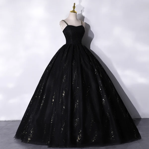 Chic / Belle Noire Perlage Paillettes Robe De Bal 2021 Robe Boule Bretelles Spaghetti Sans Manches Dos Nu Longue Robe De Ceremonie