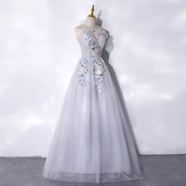 Élégant Argenté Paillettes En Dentelle Fleur Robe De Bal 2021 Princesse Volants Bustier Sans Manches Dos Nu Longue Robe De Ceremonie