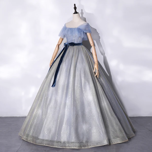 Fashion Silver Prom Dresses 2021 Ball Gown Ruffle Square Neckline Short Sleeve Backless Suede Bow Sash Sequins Floor-Length / Long Formal Dresses