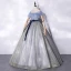 Fashion Silver Prom Dresses 2021 Ball Gown Ruffle Square Neckline Short Sleeve Backless Suede Bow Sash Sequins Floor-Length / Long Formal Dresses