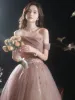 Elegant Dusky Pink Prom Dresses 2021 A-Line / Princess Strapless Beading Pearl Sequins Sleeveless Backless Floor-Length / Long Formal Dresses
