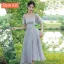 Modest / Simple Sky Blue Bridesmaid Dresses 2021 A-Line / Princess V-Neck Bow Short Sleeve Backless Tea-length Wedding Party Dresses