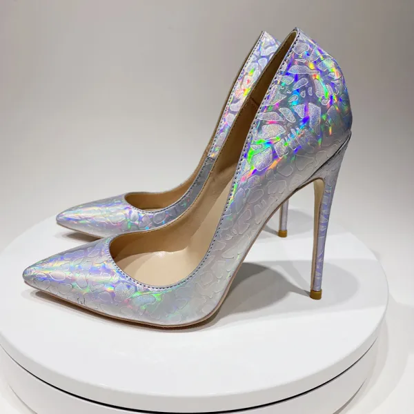 Unusual Silver Laser Cocktail Party Evening Party Pumps 2021 Leather 12 cm Stiletto Heels High Heels 12 cm Heels Pointed Toe Pumps