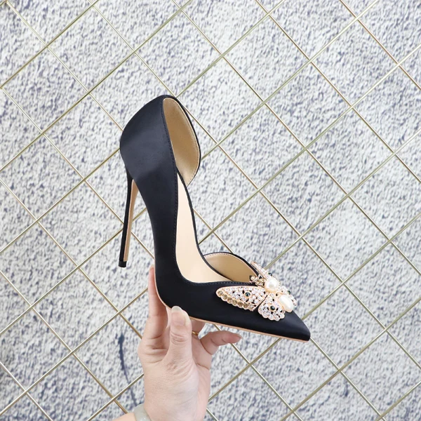 Charming Black Evening Party Rhinestone Pearl Butterfly Satin Womens Shoes 2021 12 cm Stiletto Heels Pointed Toe Womens Shoes High Heels