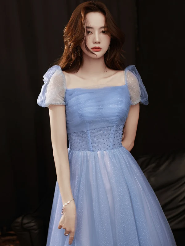 Chic / Belle Bleu Ciel Paillettes Robe De Bal 2021 Princesse Encolure Carrée Manches Courtes Dos Nu Longue Robe De Ceremonie
