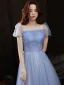 Chic / Belle Bleu Ciel Paillettes Robe De Bal 2021 Princesse Encolure Carrée Manches Courtes Dos Nu Longue Robe De Ceremonie