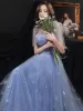 Charmant Bleu Ciel Paillettes Appliques Robe De Bal 2021 Princesse V-Cou Manches Courtes Noeud Dos Nu Longue Robe De Ceremonie