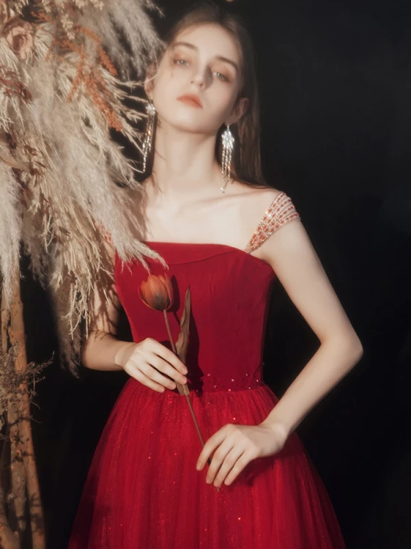 Charming Burgundy Prom Dresses Evening Dresses  2021 A-Line / Princess Square Neckline Beading Sequins Sleeveless Backless Floor-Length / Long Formal Dresses