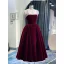 Chic / Beautiful Burgundy Suede Pearl Prom Dresses 2021 A-Line / Princess Spaghetti Straps Sleeveless Tea-length Formal Dresses
