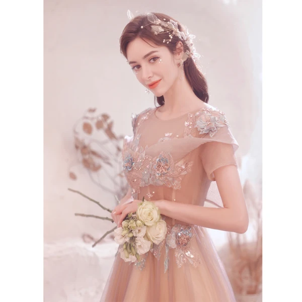 Charmant Rougissant Rose Perlage Perle Paillettes En Dentelle Fleur Robe De Bal 2021 Princesse Encolure Dégagée Manches Courtes Dos Nu Longue Robe De Ceremonie