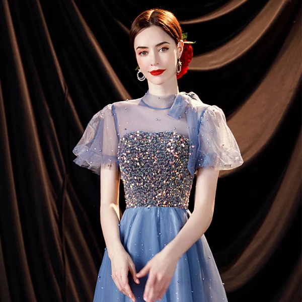 Fashion Ocean Blue Prom Dresses 2021 A-Line / Princess High Neck Beading Pearl Sequins Short Sleeve Backless Floor-Length / Long Formal Dresses