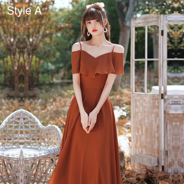Modest / Simple Caramel Bridesmaid Dresses 2021 A-Line / Princess Short Sleeve Backless Floor-Length / Long Wedding Party Dresses