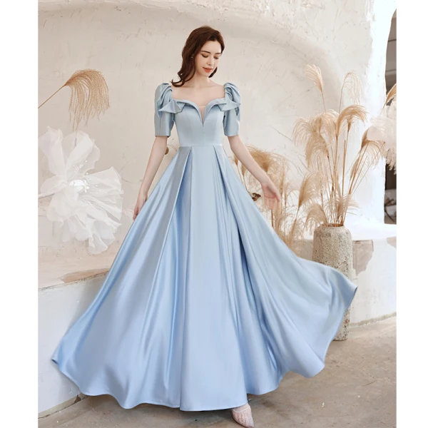 Elegant Sky Blue Satin Prom Dresses 2021 A-Line / Princess Square Neckline Short Sleeve Backless Floor-Length / Long Formal Dresses