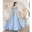 Elegant Sky Blue Satin Prom Dresses 2021 A-Line / Princess Square Neckline Short Sleeve Backless Floor-Length / Long Formal Dresses