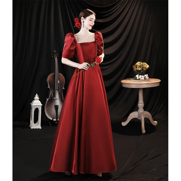 Elegant Burgundy Satin Prom Dresses 2021 A-Line / Princess Square Neckline Puffy Short Sleeve Backless Floor-Length / Long Prom Dresses