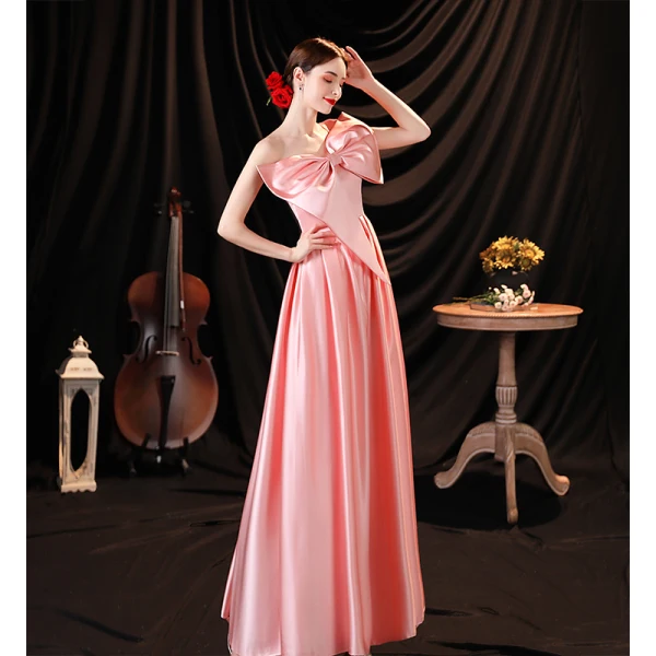 Schön Pink Satin Ballkleider 2021 A Linie One-Shoulder Schleife Ärmellos Rückenfreies Lange Festliche Kleider