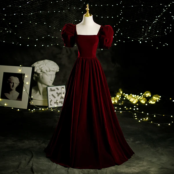 Vintage / Retro Burgundy Suede Prom Dresses 2021 A-Line / Princess Square Neckline Puffy Short Sleeve Backless Floor-Length / Long Formal Dresses