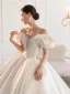 High-end Ivory Satin Wedding Dresses 2019 Ball Gown Off-The-Shoulder Ruffle Beading Lace Flower Short Sleeve Backless Royal Train Wedding