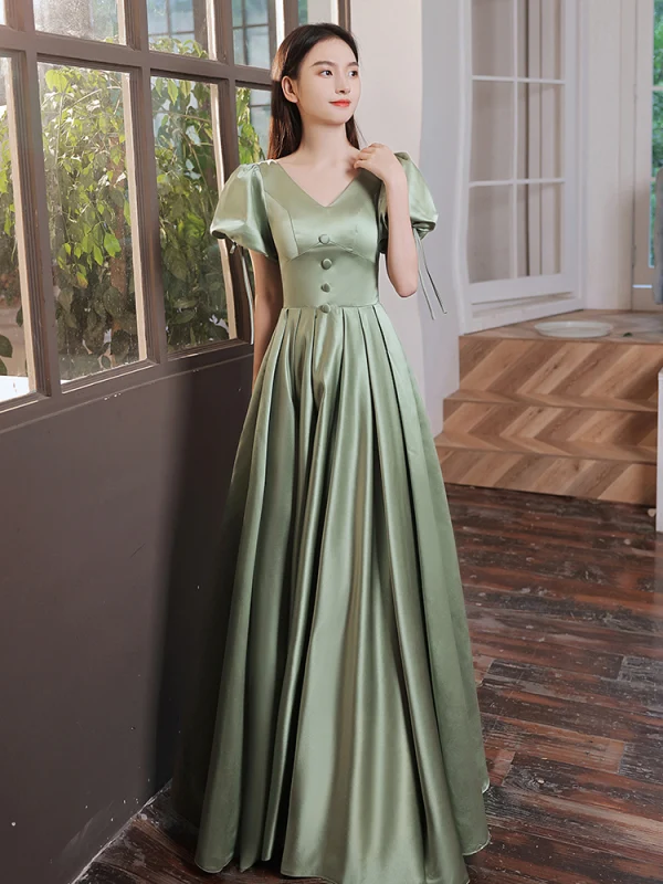 Elegante Salbeigrün Satin Ballkleider 2021 A Linie V-Ausschnitt Geschwollenes Kurze Ärmel Lange Festliche Kleider