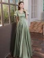 Elegante Salbeigrün Satin Ballkleider 2021 A Linie V-Ausschnitt Geschwollenes Kurze Ärmel Lange Festliche Kleider