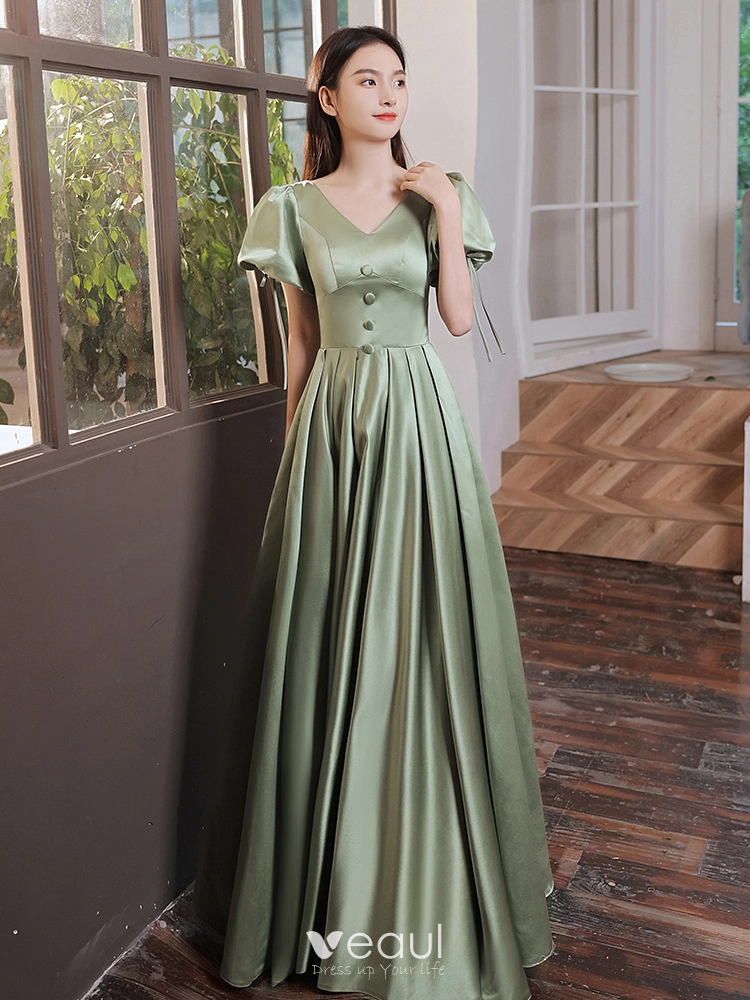 Elegant Sage Green Satin Prom Dresses 2021 A-Line / Princess V-Neck Puffy  Short Sleeve Floor-Length / Long Formal Dresses