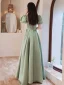 Elegant Sage Green Satin Prom Dresses 2021 A-Line / Princess Scoop Neck Puffy Short Sleeve Floor-Length / Long Formal Dresses