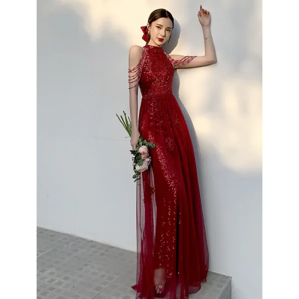 Charming Sparkly Burgundy Sequins Evening Dresses 2021 A-Line / Princess Sleeveless Scoop Neck Floor-Length / Long Prom Formal Dresses