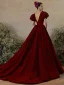 Elegant Burgundy Prom Dresses A-Line / Princess 2021 V-Neck Rhinestone Puffy Short Sleeve Backless Sweep Train Formal Dresses