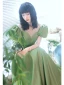 Chic / Beautiful Sage Green Prom Dresses 2021 A-Line / Princess Scoop Neck Beading Backless Puffy Short Sleeve Floor-Length / Long Formal Dresses