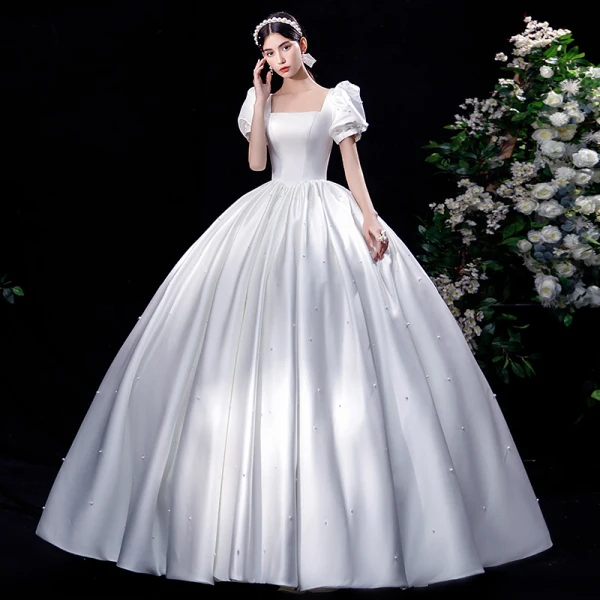 Elegant Ivory Satin Wedding Dresses 2021 Ball Gown Square Neckline Pearl Puffy Short Sleeve Backless Floor-Length / Long Wedding