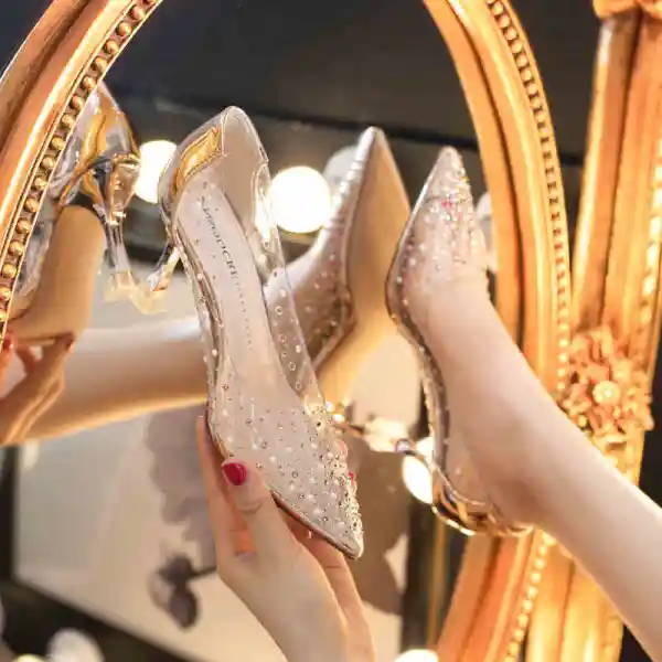 Sexy Transparent Rhinestone Silver Wedding Pumps 2021 7 cm Stiletto Heels Pointed Toe Pumps High Heels