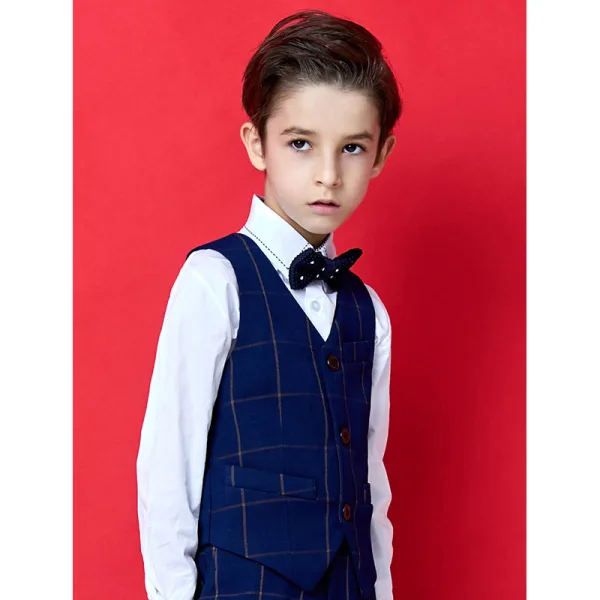 Bleu Marine 3 pièces Costume Garçon Mariage 2021 Noeud Manches Longues Gilet Chemise Pantalon Costumes De Mariage pour garçons