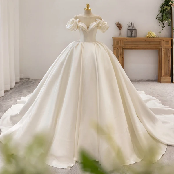 High-end Ivory Satin Wedding Dresses 2021 Ball Gown Off-The-Shoulder Puffy Short Sleeve Royal Train Wedding