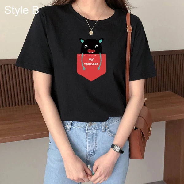 Chic / Beautiful Black Summer Casual Cartoon Printing Cotton Loose T-shirt 2021 Scoop Neck Short Sleeve Women's Tops T-Shirts