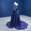 Haut de Gamme Bleu Marine Satin Fendue devant Robe De Bal 2021 Princesse Bustier Perlage Faux Diamant Sans Manches Dos Nu Tribunal Train Robe De Ceremonie