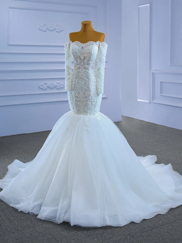 High-end White Wedding Dresses 2021 Trumpet / Mermaid Off-The-Shoulder Lace Flower Long Sleeve Backless Court Train Wedding