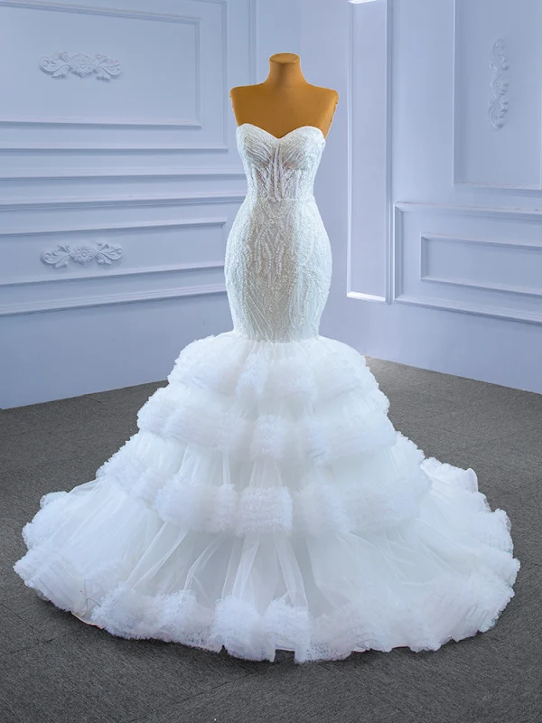 High End Weiß Perlenstickerei Spitze Blumen Brautkleider / Hochzeitskleider 2021 Meerjungfrau Bandeau Ärmellos Rückenfreies Hof-Schleppe Hochzeit