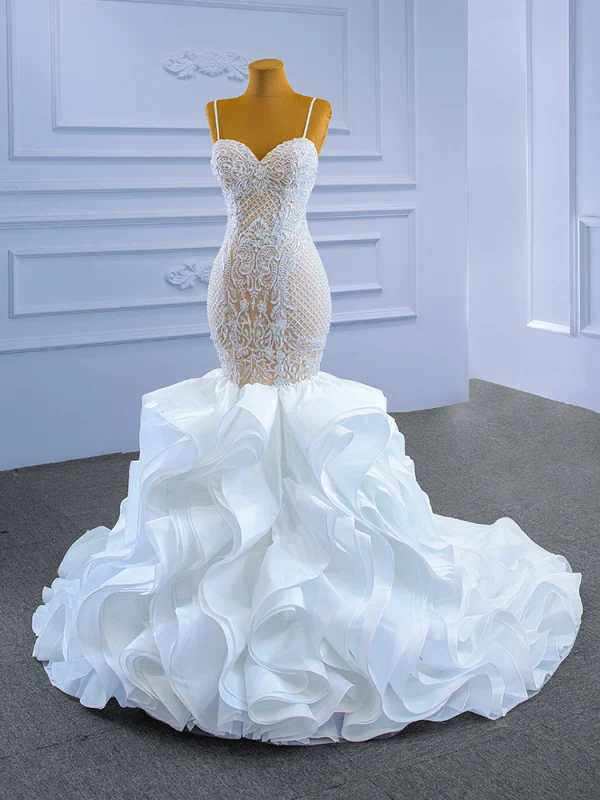 Luxe Haut de Gamme Charmant Blanche Volants en Cascade Robe De Mariée 2021 Trompette / Sirène Bretelles Spaghetti Sans Manches Perlage Perle En Dentelle Fleur Dos Nu